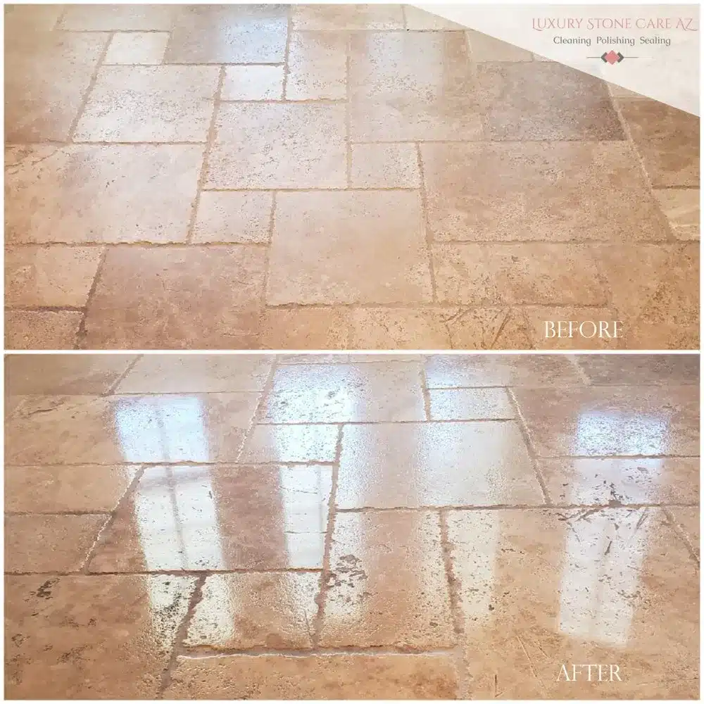 before and after floor polish Cleaned, polished and sealed tumbled travertine with chiseled edges.